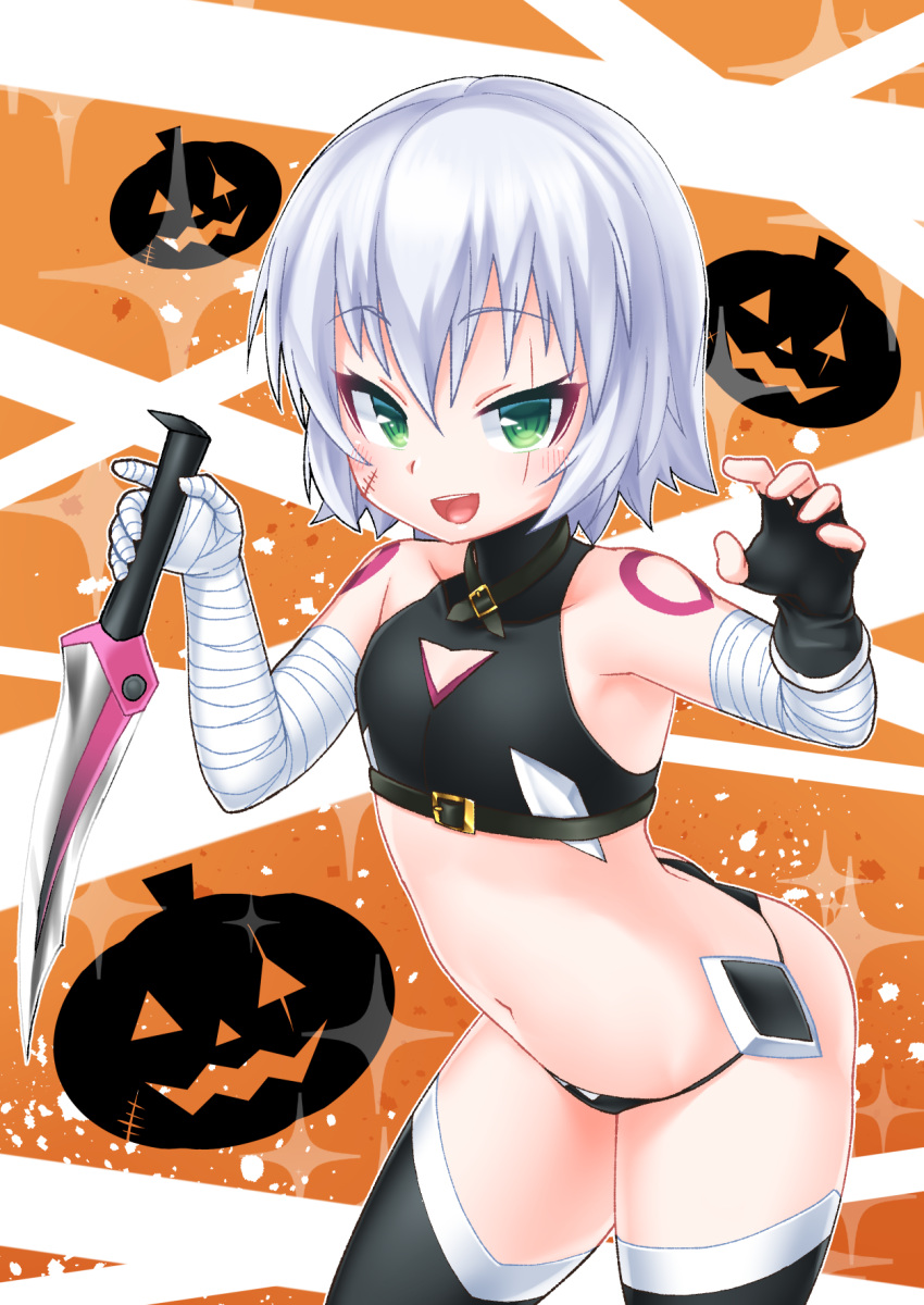 1girl :d bandage bandaged_arm bandaged_hands bandages bangs bare_shoulders black_gloves black_legwear black_panties black_shirt blush breasts collarbone commentary_request dagger eyebrows_visible_through_hair facial_scar fate/grand_order fate_(series) fingerless_gloves gloves green_eyes hair_between_eyes halloween highres holding holding_dagger holding_weapon jack-o'-lantern jack_the_ripper_(fate/apocrypha) kirisame_mia navel open_mouth panties scar scar_across_eye scar_on_cheek shirt shoulder_tattoo silver_hair single_glove sleeveless sleeveless_shirt small_breasts smile solo sparkle tattoo thigh-highs underwear upper_teeth weapon
