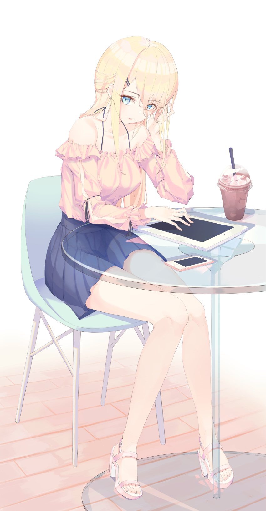 1girl absurdres arm_cutout bangs bare_legs black_ribbon blonde_hair blue_eyes blue_skirt bra_strap breasts cellphone chair closed_eyes cup disposable_cup drinking_straw frilled_shirt frills full_body glass_table hair_ornament half_updo hand_in_hair hand_up highres ice ice_cube long_hair long_sleeves looking_at_viewer medium_breasts medium_skirt munseonghwa off-shoulder_shirt off_shoulder on_chair original parted_lips phone pink_shirt ribbon ribbon-trimmed_sleeves ribbon_trim sandals shirt simple_background sitting skirt smartphone smile solo symbol_commentary table white_background white_footwear wooden_floor