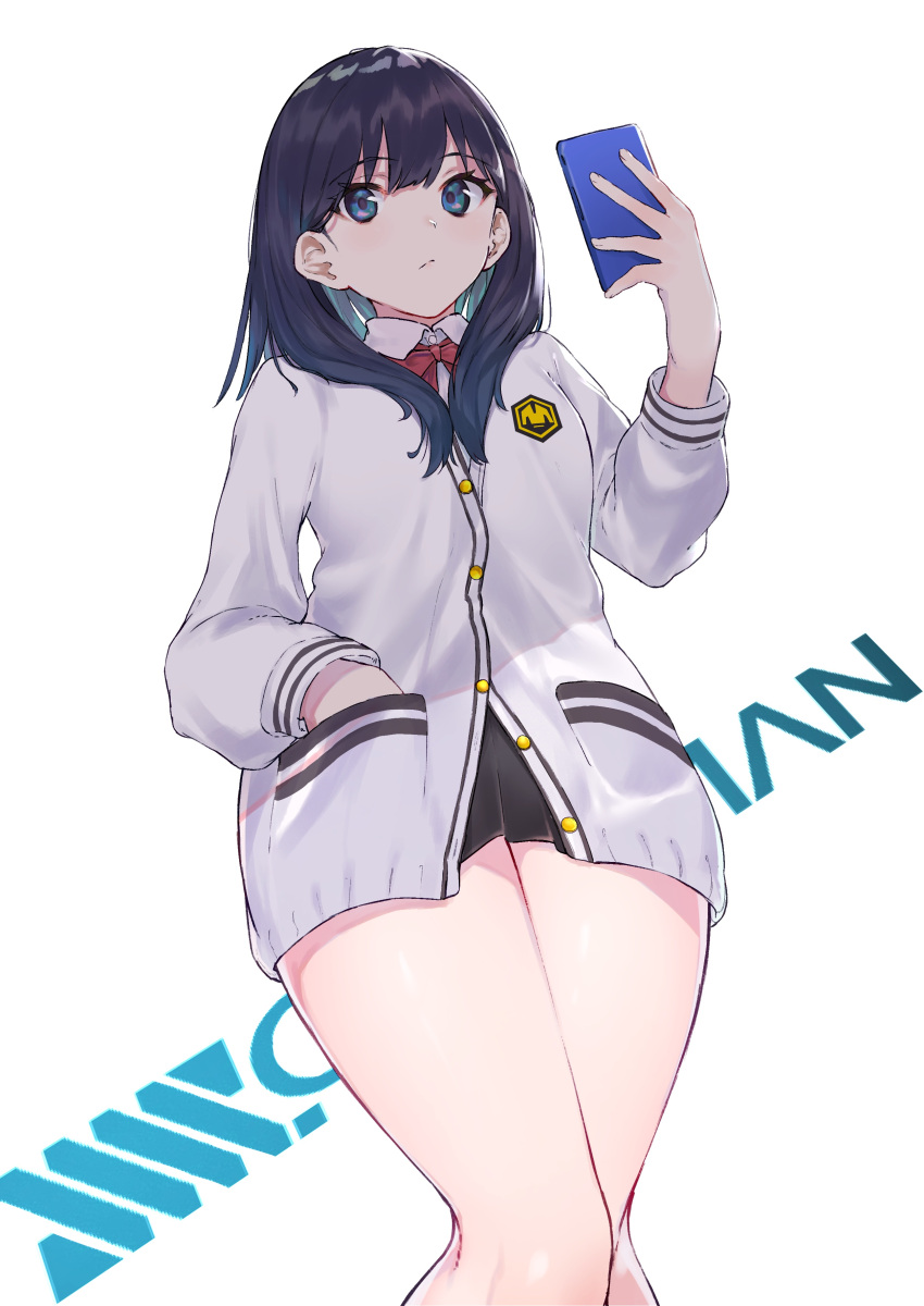 1girl absurdres bangs black_hair black_skirt blue_eyes cardigan cellphone closed_mouth copyright_name eyebrows_visible_through_hair hand_in_pocket hand_up highres hips holding holding_phone miniskirt phone pleated_skirt school_uniform simple_background skirt smartphone solo ssss.gridman standing takarada_rikka takubon_(xewh4773) thighs white_background