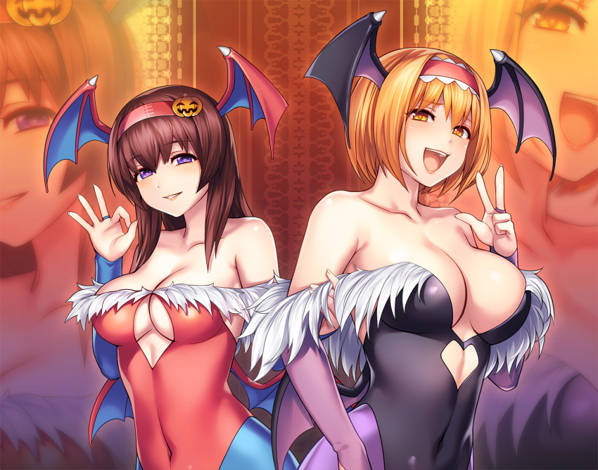 2girls alice_margatroid bare_shoulders blue_legwear blush breasts brown_eyes brown_hair cleavage collarbone cookie_(touhou) cosplay eyebrows_visible_through_hair grin hairband head_wings highres hinase_(cookie) ichigo_(cookie) large_breasts lilith_aensland lilith_aensland_(cosplay) long_hair looking_at_viewer morrigan_aensland morrigan_aensland_(cosplay) multiple_girls ok_sign open_mouth pantyhose purple_legwear short_hair smile tarmo touhou v vampire_(game) violet_eyes wings