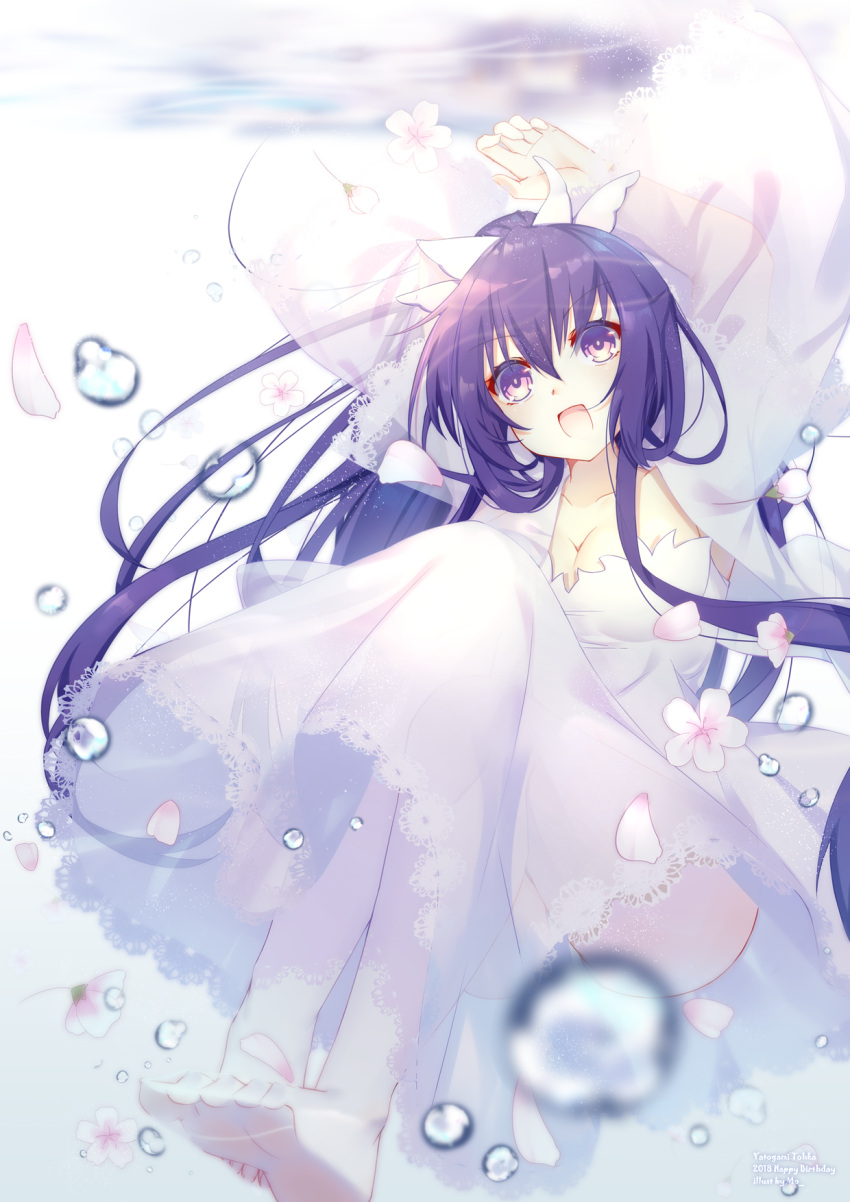 1girl :d arm_up barefoot bow breasts cleavage collarbone date_a_live detached_sleeves dress eyebrows_visible_through_hair floating_hair hair_bow high_ponytail highres long_dress long_hair long_sleeves mo_(pixiv9929995) open_mouth purple_hair see-through smile soles solo underwater very_long_hair violet_eyes white_background white_bow white_dress white_sleeves yatogami_tooka