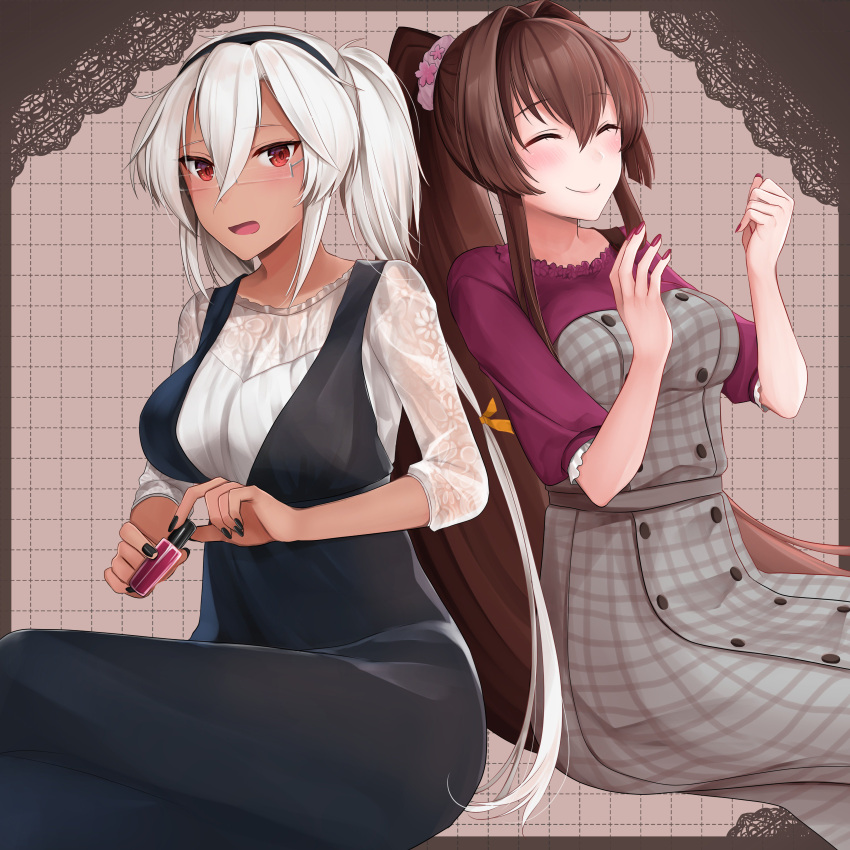 2girls absurdres applying_makeup back-to-back black_nails breasts brown_background closed_eyes closed_mouth commentary_request dark_skin glasses grid_background hair_between_eyes hair_intakes hands_up high_ponytail highres holding kantai_collection lace lace_border large_breasts long_hair looking_at_viewer multiple_girls musashi_(kantai_collection) nail_polish nail_polish_bottle rectangular_eyewear sitting very_long_hair white_hair yamato_(kantai_collection) yunamaro