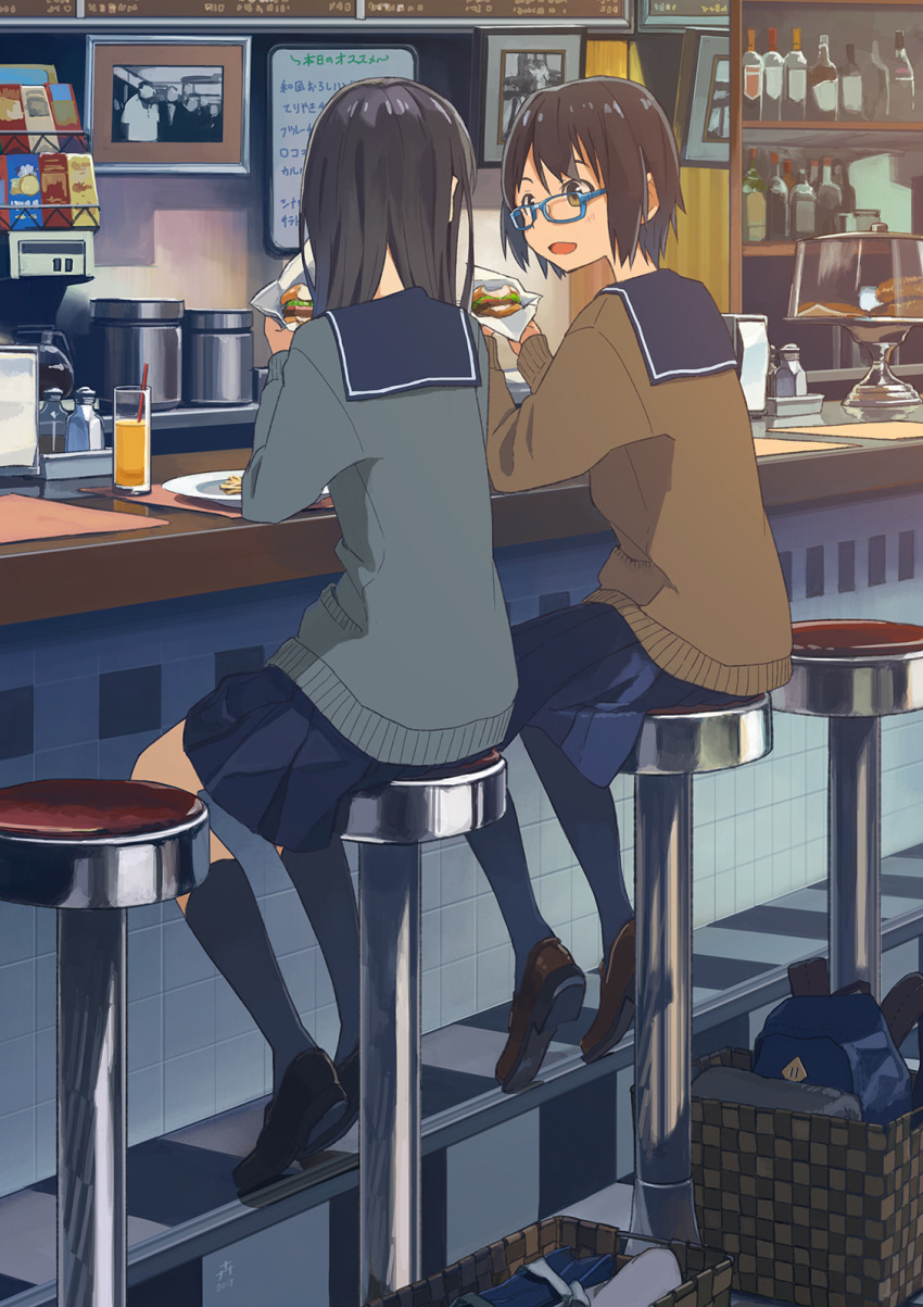 2girls basket black_hair blue_skirt brown_eyes brown_footwear brown_hair cardigan coffee coffee_maker_(object) coffee_pot cup diner drinking_glass drinking_straw food from_behind glasses highres holding holding_food indoors kusakabe_(kusakabeworks) loafers long_hair looking_at_another multiple_girls napkin napkin_holder open_mouth original pepper_shaker photo_(object) plate sailor_collar salt_shaker shoes short_hair skirt stool translation_request whiteboard