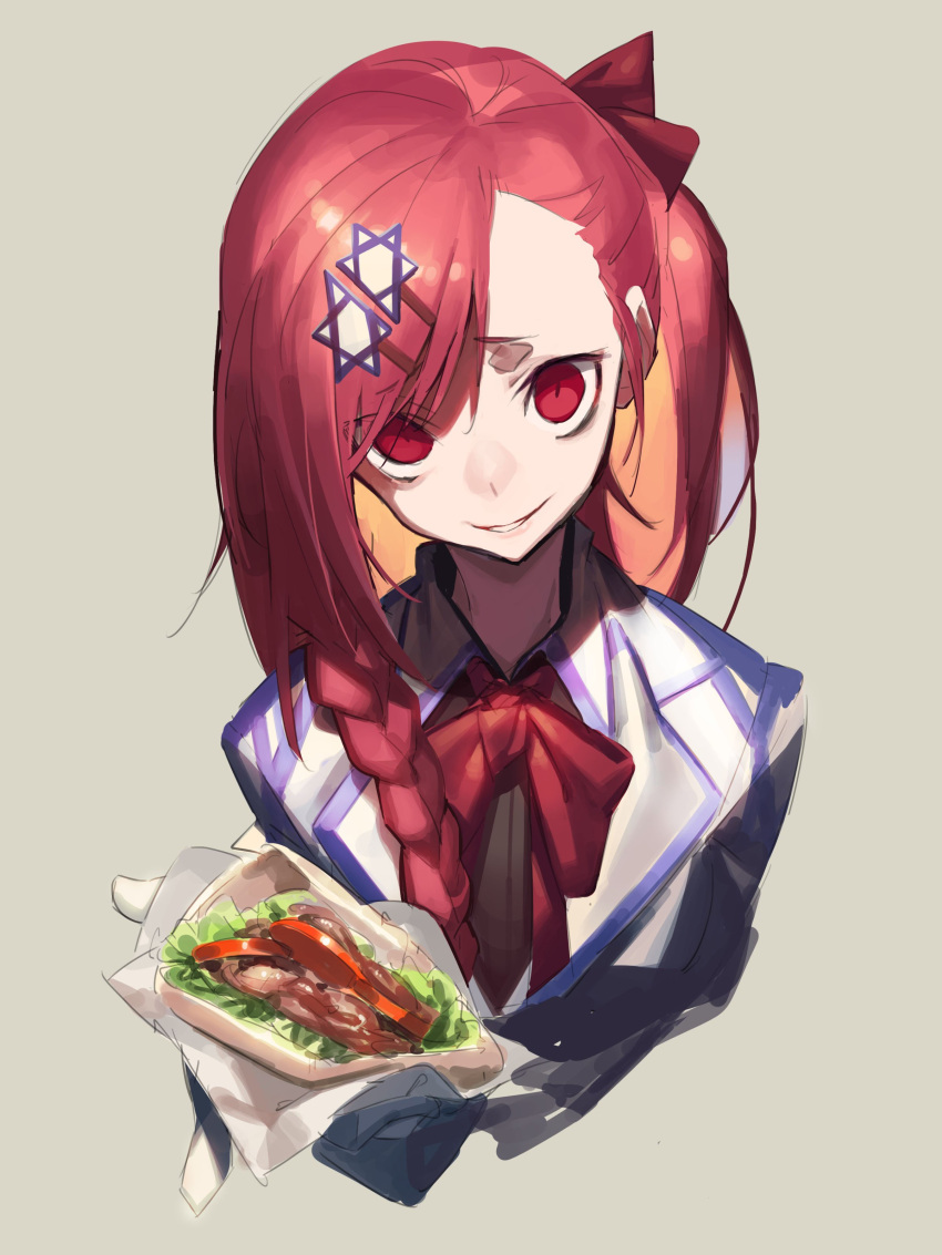 1girl absurdres amrkdrw bow bowtie braid empty_eyes food furrowed_eyebrows girls_frontline gloves grin hair_bow hair_ornament hexagram highres holding holding_food looking_at_viewer negev_(girls_frontline) pink_hair red_bow red_eyes red_neckwear side_braid single_braid smile solo star_of_david upper_body white_gloves