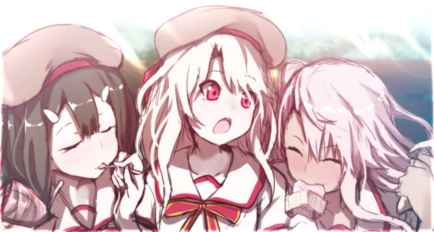 3girls bangs beret black_hair blush bow brown_hat chloe_von_einzbern closed_eyes closed_mouth collared_shirt commentary_request day eating eyebrows_visible_through_hair fate/kaleid_liner_prisma_illya fate_(series) food hair_between_eyes hair_ornament hairclip hat holding holding_food holding_spoon homurahara_academy_uniform ice_cream ice_cream_cone illyasviel_von_einzbern long_hair miyu_edelfelt multiple_girls one_side_up open_mouth outdoors pink_eyes pink_hair red_bow school_uniform shirt spoon wada_kazu white_hair white_shirt
