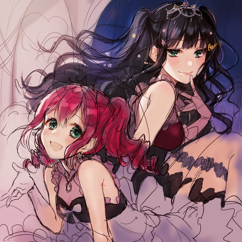 2girls :d absurdres alternate_hairstyle aqua_eyes bangs black_hair dress drill_hair earrings garter_straps gloves green_eyes group_name hair_ornament hand_to_own_mouth highres huge_filesize jewelry kurosawa_dia kurosawa_ruby looking_at_viewer love_live! love_live!_sunshine!! mole mole_under_mouth multiple_girls open_mouth redhead siblings sisters sitting sketch smile star star_hair_ornament sudach_koppe tiara twin_drills two_side_up