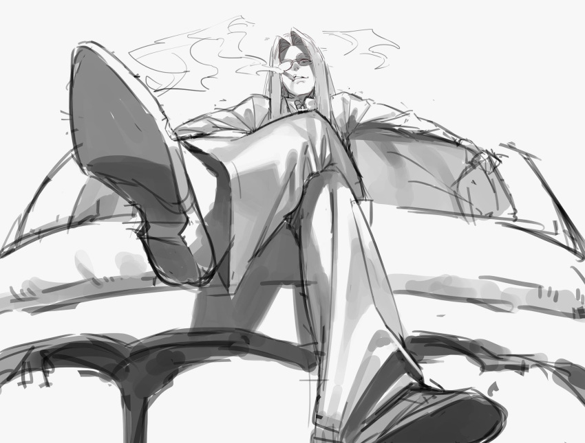 1girl amrkdrw cigar from_below glasses hair_intakes hellsing highres integra_hellsing long_hair long_sleeves monochrome pants simple_background sitting sketch smoke smoking solo white_background