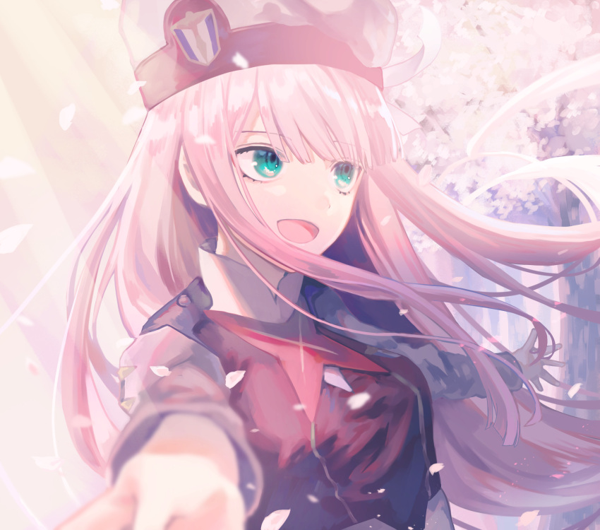 1girl :d blue_eyes darling_in_the_franxx day eyebrows_visible_through_hair floating_hair hat highres long_hair long_sleeves nomuraumu open_mouth outdoors outstretched_arms pink_hair shiny shiny_hair smile solo upper_body very_long_hair zero_two_(darling_in_the_franxx)