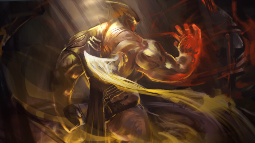 1boy character_request cowboy_shot from_behind hand_up helm helmet highres league_of_legends male_focus muscular muscular_male shiny solo wutu_(1183238220)