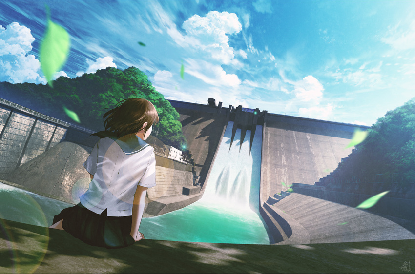 1girl arm_support blue_sailor_collar blue_sky blurry brown_hair building clouds cloudy_sky commentary_request dam day facing_away falling_leaves leaf lens_flare mocha_(cotton) original outdoors railing sailor_collar scenery school_uniform serafuku shade shirt short_hair sidelocks signature sitting skirt sky solo sunlight tree tree_shade water white_shirt wind