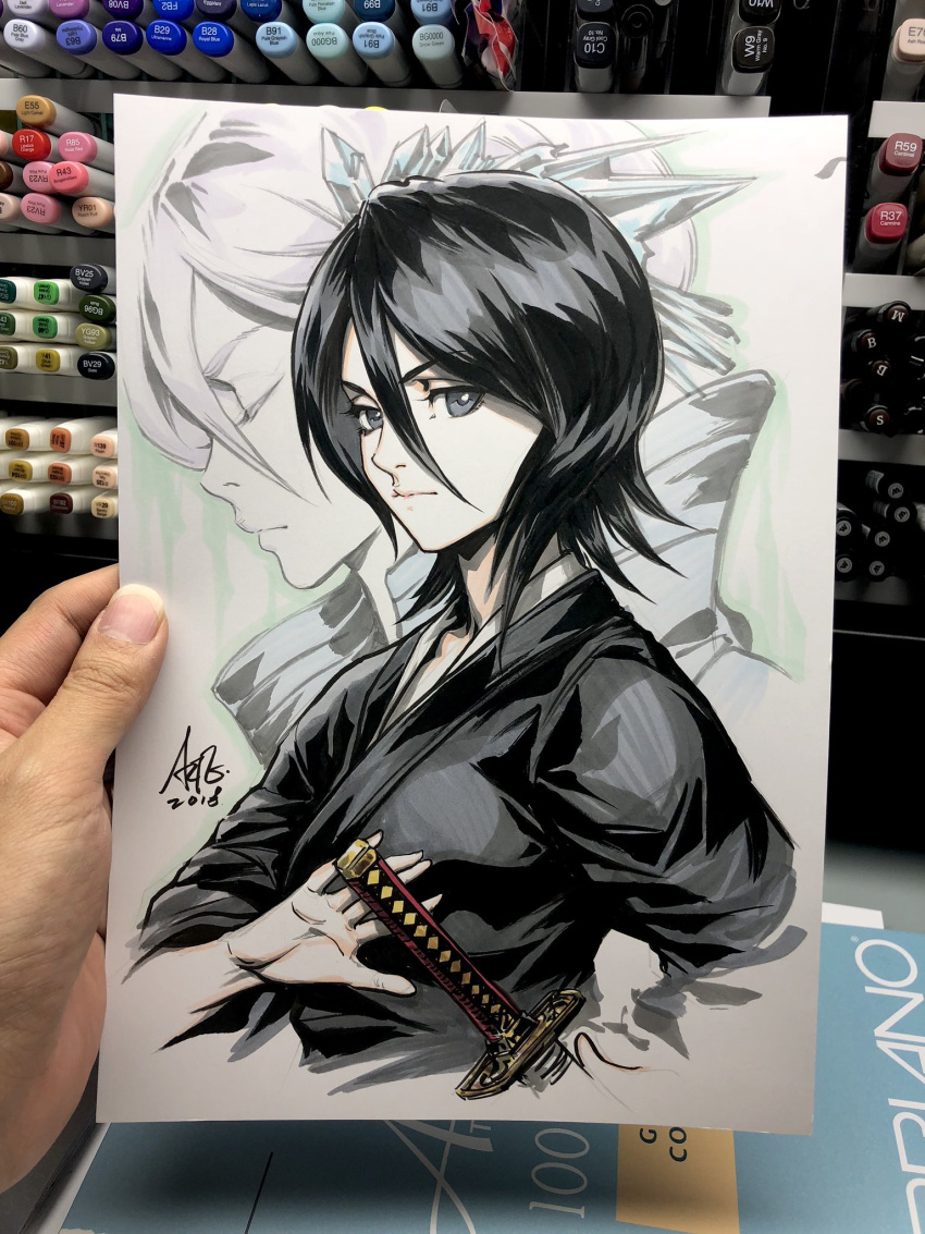 1girl black_hair bleach closed_mouth grey_eyes hair_between_eyes highres japanese_clothes kimono kuchiki_rukia looking_at_viewer marker_(medium) sheath sheathed shinigami short_hair signature stanley_lau sword traditional_media weapon