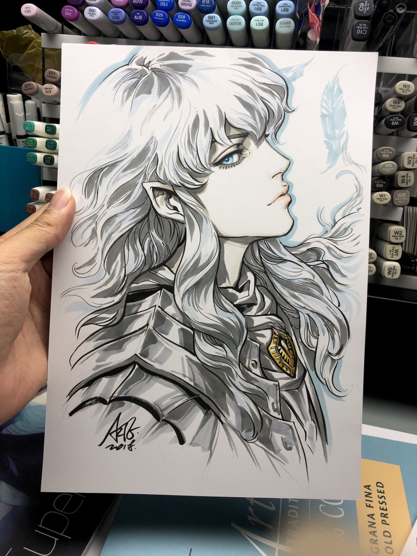1boy androgynous armor berserk blue_eyes commentary english_commentary griffith highres jewelry lips long_hair looking_at_viewer male_focus marker_(medium) pauldrons pendant pointy_ears profile signature silver_hair solo stanley_lau traditional_media wavy_hair