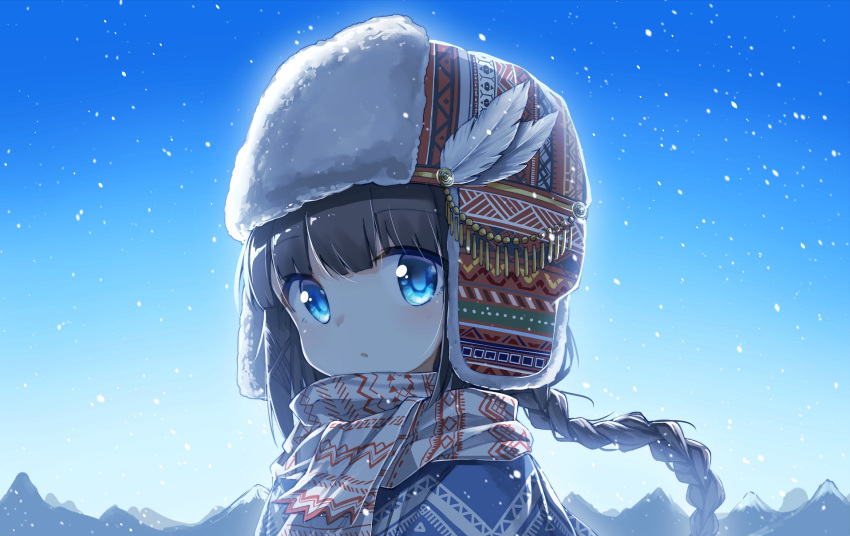 1girl :o bangs black_hair blue_capelet blue_eyes blue_sky braid capelet darnell day eyebrows_visible_through_hair fur_hat hair_between_eyes hat head_tilt highres long_hair looking_at_viewer mountain original outdoors parted_lips portrait print_capelet print_hat print_scarf scarf single_braid sky solo white_scarf