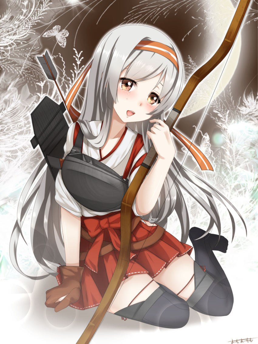 1girl arrow black_legwear blush boots bow_(weapon) brown_eyes commentary_request crying crying_with_eyes_open gloves headband highres japanese_clothes kantai_collection long_hair miko muneate no_shoes omoomomo partly_fingerless_gloves remodel_(kantai_collection) ribbon shoukaku_(kantai_collection) silver_hair skirt solo tears thigh-highs thigh_boots weapon white_hair yugake