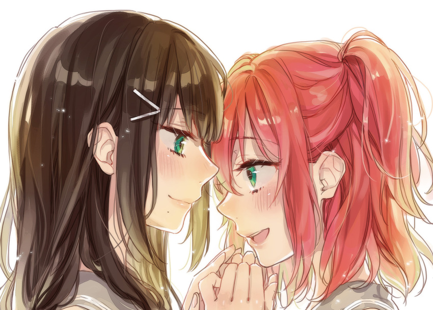 2girls bangs black_hair blush clenched_hands green_eyes hair_ornament hairclip hand_on_another's_hand incest kurosawa_dia kurosawa_ruby long_hair looking_at_another love_live! love_live!_sunshine!! medium_hair mole mole_under_mouth multiple_girls open_mouth profile redhead school_uniform serafuku siblings sisters smile sudach_koppe two_side_up white_background yuri