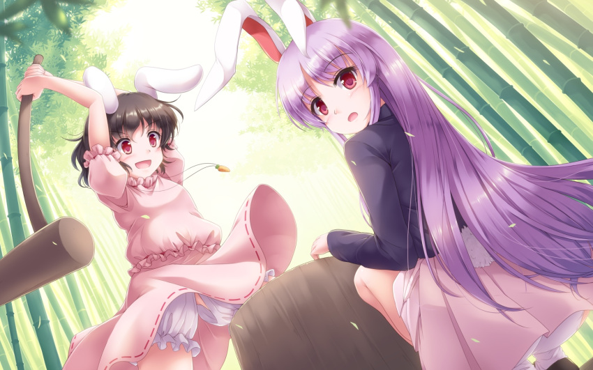 2girls :d :o animal_ears bamboo bamboo_forest bloomers brown_hair bunny_tail carrot_necklace commentary_request day dress dutch_angle eyebrows_visible_through_hair forest highres inaba_tewi kine long_hair lzh mallet mochitsuki multiple_girls nature open_mouth outdoors pink_dress pink_skirt pleated_skirt purple_hair rabbit_ears red_eyes reisen_udongein_inaba short_hair skirt smile squatting swinging tail touhou underwear v-shaped_eyebrows