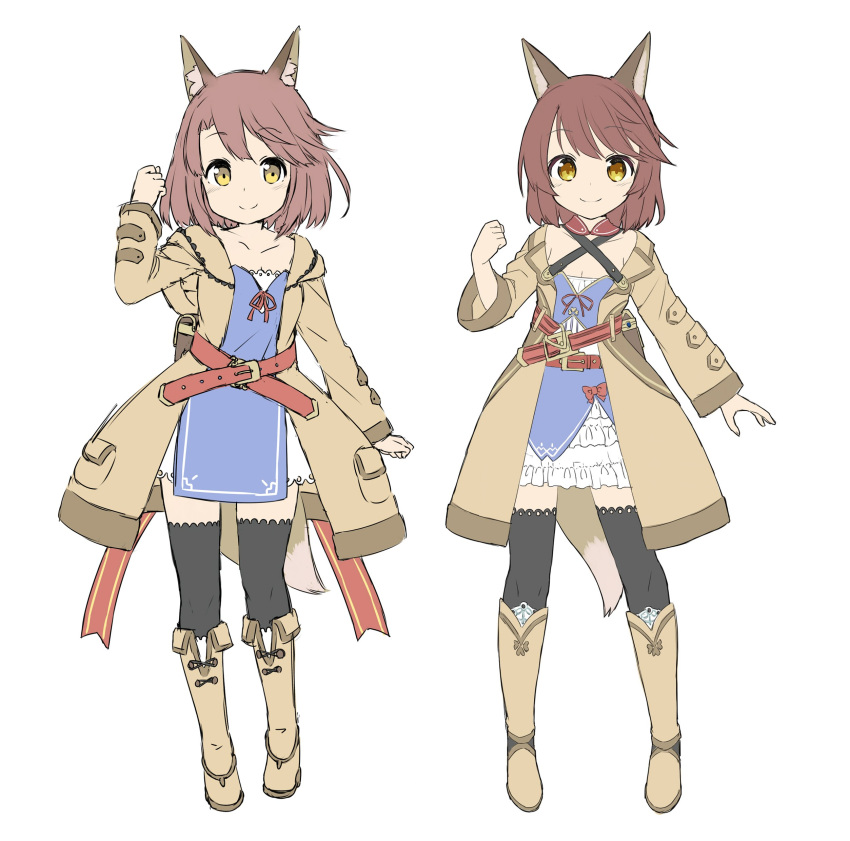 1girl absurdres amane_rosylily animal_ear_fluff animal_ears arm_up belt_buckle black_legwear blush boots breasts brown_belt brown_coat brown_eyes brown_footwear brown_hair buckle cleavage closed_mouth coat collarbone commentary_request dress fingernails fox_ears fox_girl fox_tail full_body hand_up highres hood hood_down hooded_coat knee_boots multiple_views open_clothes open_coat original red_ribbon ribbon sekira_ame simple_background sleeves_past_wrists small_breasts smile standing tail thigh-highs thighhighs_under_boots white_background white_dress