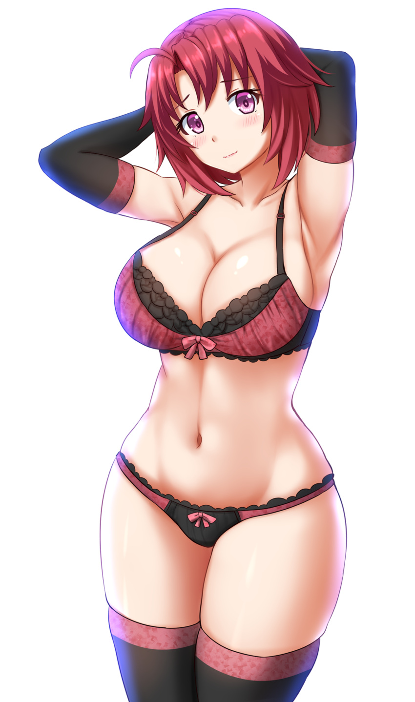 1girl ahoge armpits arms_up black_bra black_gloves black_legwear black_panties blush bra breasts cleavage closed_mouth commentary cow_girl_(goblin_slayer!) eyebrows_visible_through_hair gloves goblin_slayer! highres kazenokaze legs_together looking_at_viewer multicolored multicolored_bra multicolored_clothes multicolored_panties navel panties pink_bra pink_panties pink_ribbon redhead ribbon ribbon_bra ribbon_panties shiny shiny_skin short_hair simple_background solo standing thigh-highs underwear underwear_only violet_eyes white_background