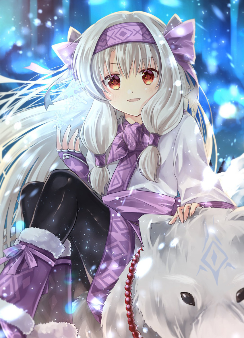 1girl ainu_clothes animal bangs black_legwear blurry blurry_background blush bow commentary_request depth_of_field eyebrows_visible_through_hair fate/grand_order fate_(series) fingerless_gloves fingernails fur-trimmed_boots fur_trim gloves glowing grey_hair hair_between_eyes hair_bow hairband hand_up highres illyasviel_von_einzbern iroha_(shiki) long_hair long_sleeves looking_at_viewer pantyhose parted_lips purple_bow purple_footwear purple_gloves purple_hairband red_eyes sitonai sitting smile snowflakes solo very_long_hair wolf