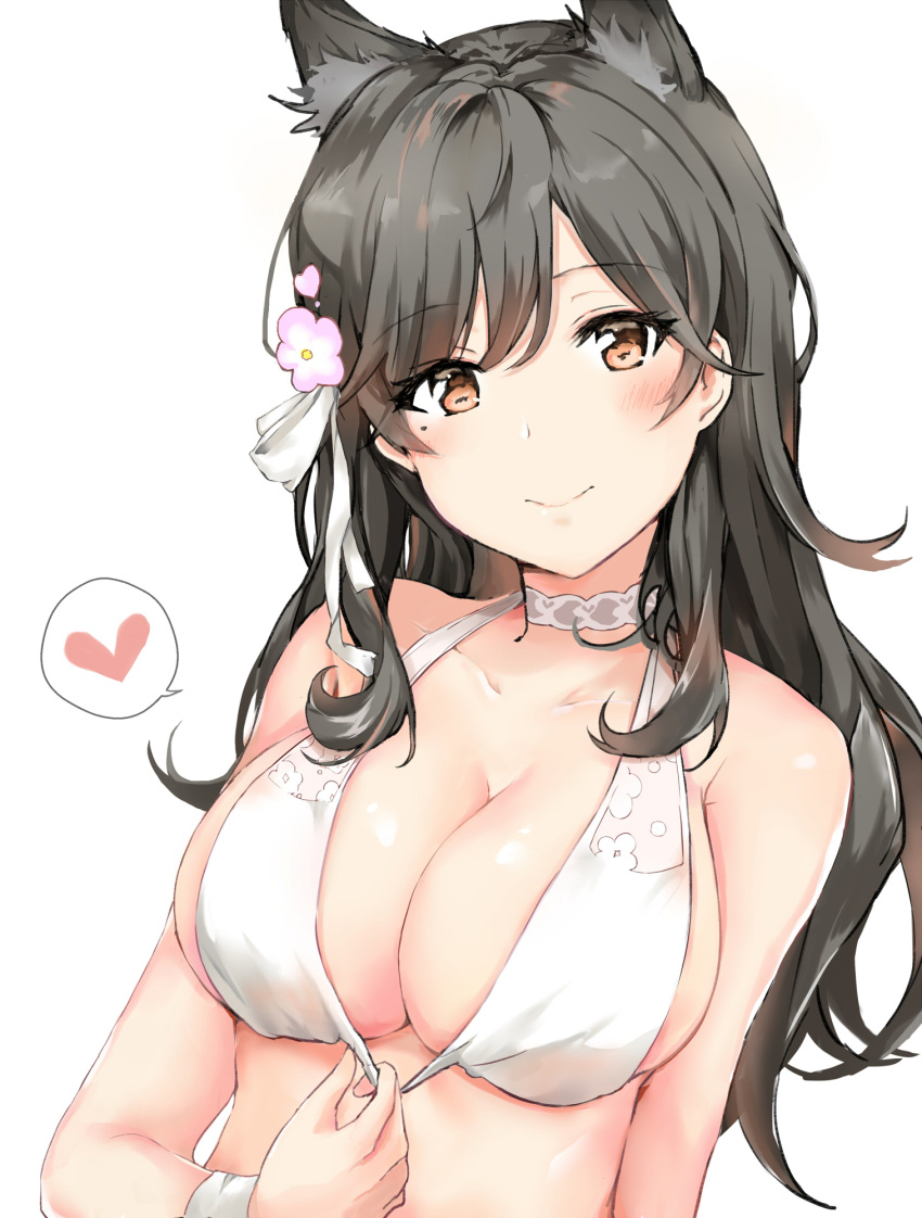 1girl animal_ears atago_(azur_lane) azur_lane black_hair blush breasts brown_eyes choker cleavage closed_mouth commentary_request eyebrows_visible_through_hair flower hair_flower hair_ornament hair_ribbon heart highres large_breasts long_hair looking_at_viewer mole mole_under_eye ribbon sidukisaika simple_background smile solo spoken_heart upper_body white_background white_choker white_ribbon