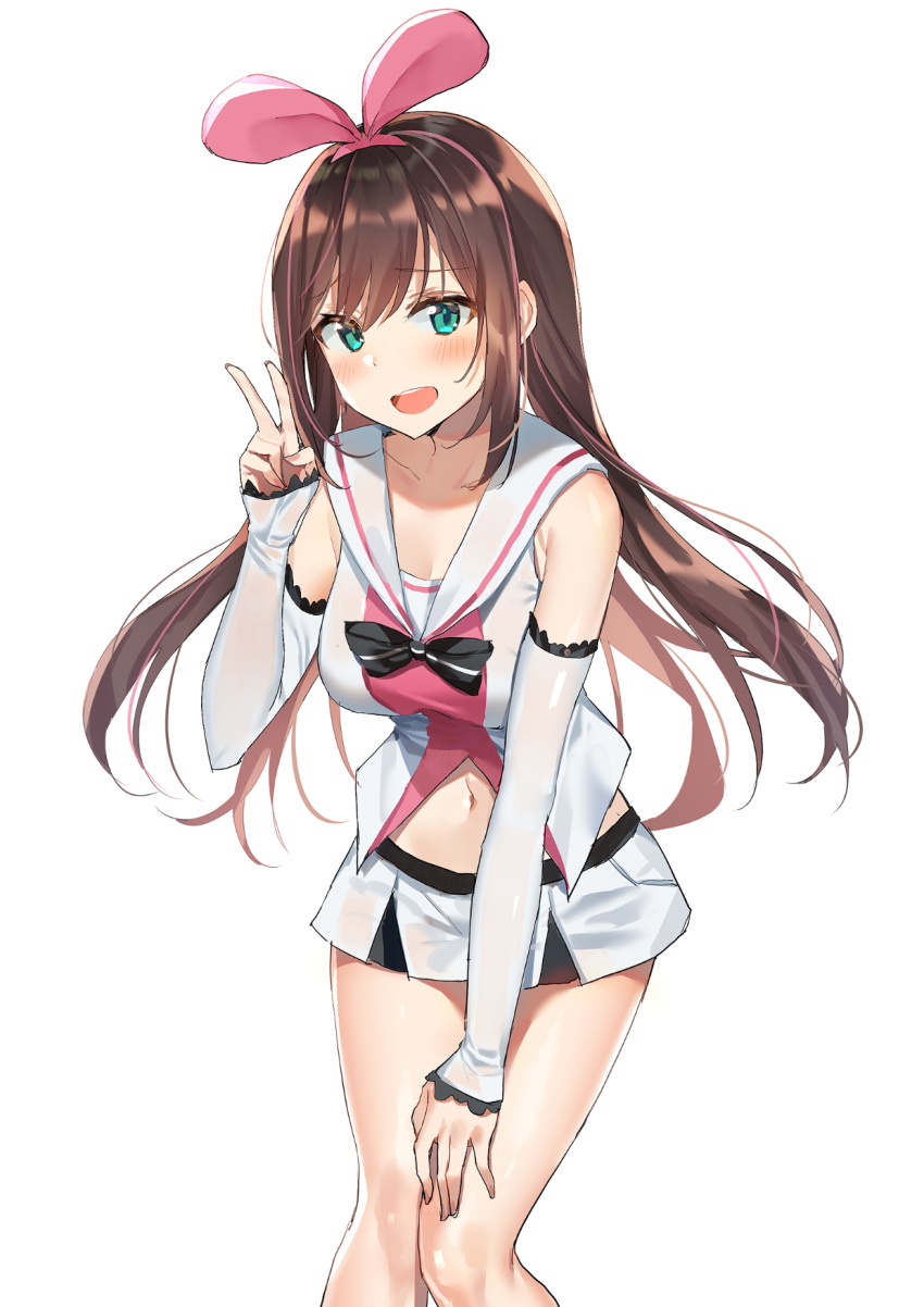 1girl :d a.i._channel aqua_eyes bangs black_ribbon blush breasts brown_hair cleavage closed_eyes collarbone detached_sleeves feet_out_of_frame hairband hand_on_own_knee highres kizuna_ai long_hair long_sleeves looking_at_viewer medium_breasts miniskirt multicolored_hair nail_polish open_mouth pink_hair pink_hairband pink_nails ribbon round_eyewear sabet_(young_ouo) sailor_collar shirt simple_background skirt smile solo standing streaked_hair thighs upper_teeth v virtual_youtuber white_background white_sailor_collar white_shirt white_skirt