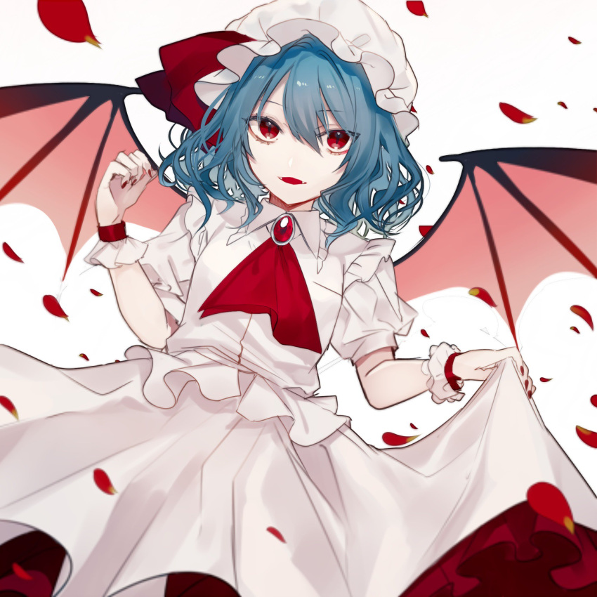 1girl ascot bangs bat_wings blue_hair brooch commentary_request cowboy_shot daimaou_ruaeru dress eyebrows_visible_through_hair fangs frilled_shirt_collar frills hair_between_eyes hand_up hat hat_ribbon highres jewelry looking_at_viewer mob_cap nail_polish open_mouth petals petticoat puffy_short_sleeves puffy_sleeves red_eyes red_nails red_neckwear red_ribbon remilia_scarlet ribbon rose_petals short_hair short_sleeves simple_background skirt_hold slit_pupils smile solo touhou white_background white_dress white_hat wings wrist_cuffs