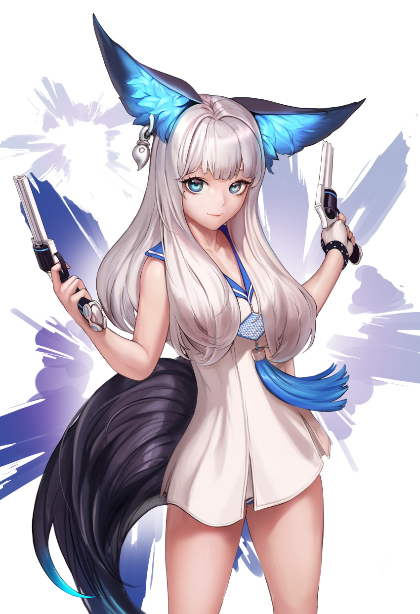 1girl absurdres animal_ear_fluff animal_ears bangs bare_arms bare_shoulders blade_&amp;_soul blue_eyes blue_panties blunt_bangs breasts bullet_hole closed_mouth cowboy_shot dress dual_wielding earrings fingerless_gloves gloves grey_hair gun highres holding holding_gun holding_weapon jewelry lipstick long_hair looking_at_viewer lyn_(blade_&amp;_soul) makeup medium_breasts mole mole_under_eye monaim panties pantyshot pantyshot_(standing) pink_lips short_dress single_glove sleeveless sleeveless_dress smile solo standing straight_hair striped striped_panties tail underwear upskirt very_long_hair weapon white_background white_dress white_gloves