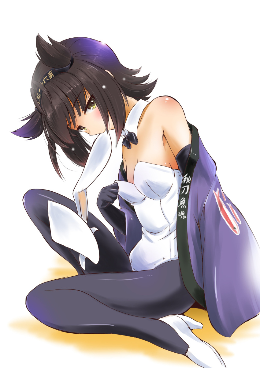 1girl absurdres alternate_costume animal_ears antenna_hair bare_shoulders black_gloves black_hair bow bunny_girl detached_collar flat_chest gloves hairband hairband_removed happi hatsuzuki_(kantai_collection) highres japanese_clothes kantai_collection looking_at_viewer mouth_hold off_shoulder oversized_clothes pantyhose rabbit_ears short_hair sitting smile solo taisinkoku wariza yellow_eyes
