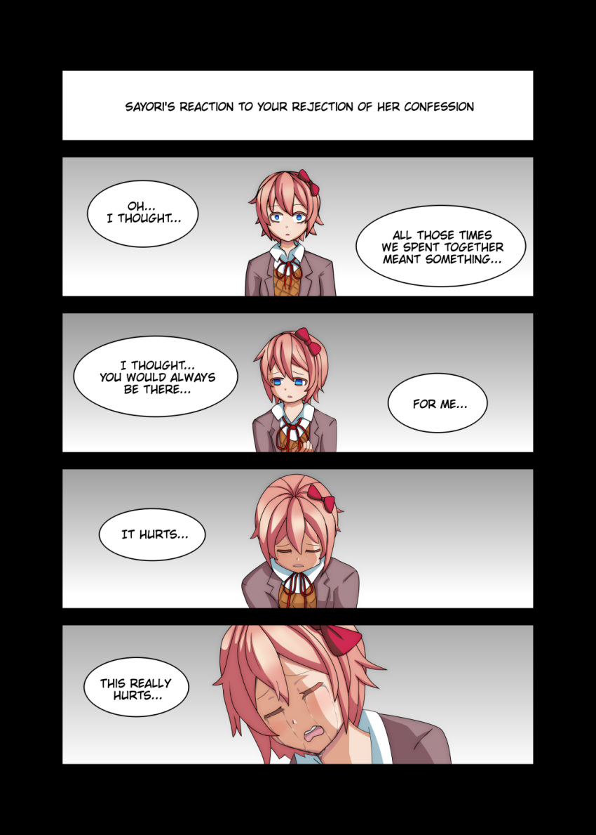 1girl 4koma arkeden_razeare blue_eyes bow collared_shirt comic commentary constricted_pupils crying d: doki_doki_literature_club english english_commentary hair_bow head_down highres looking_at_viewer looking_away neck_ribbon open_mouth parted_lips pink_hair red_bow red_ribbon ribbon sayori_(doki_doki_literature_club) school_uniform shirt speech_bubble white_shirt wing_collar