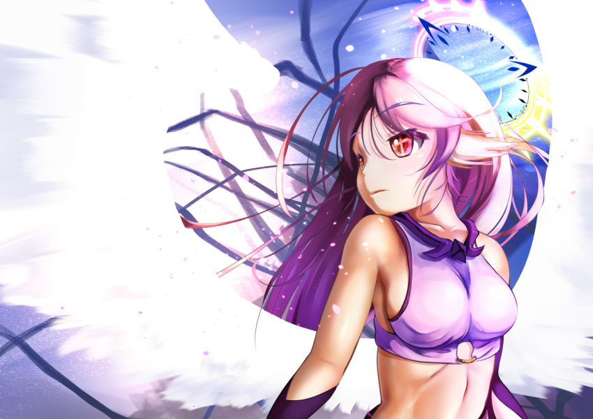 1girl angel_wings breasts commentary_request crop_top cross feathered_wings gradient_hair halo jibril_(no_game_no_life) long_hair low_wings magic_circle medium_breasts midriff multicolored multicolored_hair no_game_no_life pink_eyes pink_hair sideboob solo symbol-shaped_pupils tawawa_(kakeibo7ykwety) very_long_hair white_wings wing_ears wings