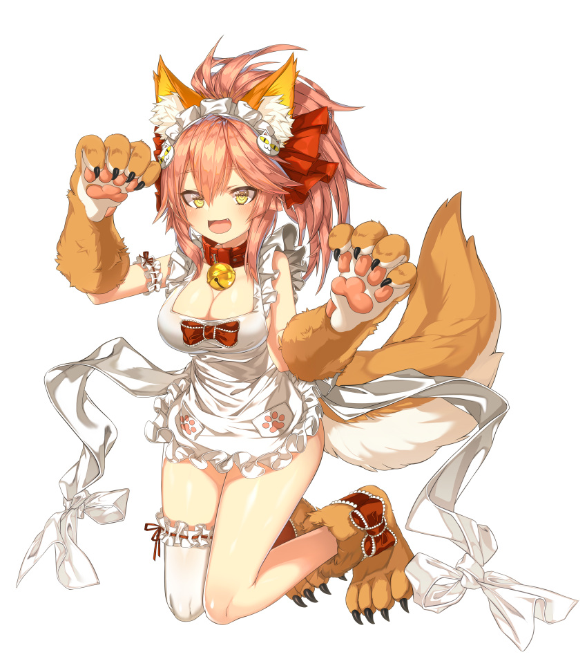 1girl absurdres animal_ear_fluff animal_ears apron bell bell_collar blush breasts cat_hair_ornament cat_paws cleavage collar fang fate/grand_order fate_(series) fox_ears fox_tail full_body gloves hair_ornament highres huge_filesize jingle_bell kw00789 large_breasts long_hair looking_at_viewer maid_headdress naked_apron open_mouth paw_gloves paw_pose paw_shoes paws pink_hair ponytail red_ribbon ribbon shoes simple_background solo tail tamamo_(fate)_(all) tamamo_cat_(fate) white_background white_legwear