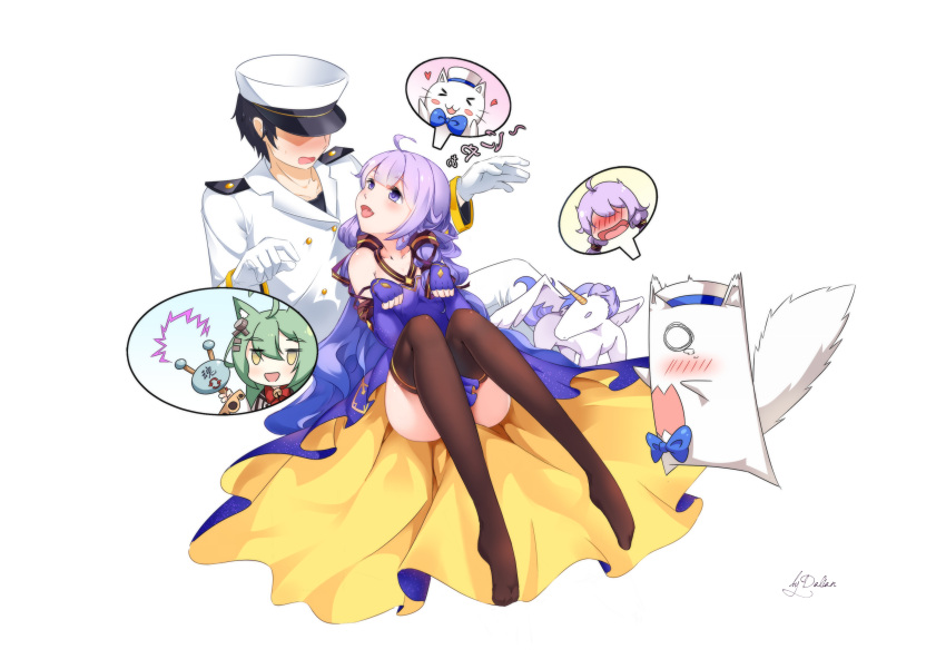 1boy 2girls :3 :d absurdres admiral_(azur_lane) ahoge akashi_(azur_lane) alicorn animal_ears ass azur_lane black_hair black_legwear blush bow cat cat_ears commentary_request cosplay dalian_(1457091741) dress elbow_gloves fingerless_gloves gloves green_hair hair_tubes hat highres long_hair looking_at_another low_twintails military military_uniform multiple_girls naval_uniform open_mouth paw_pose peaked_cap purple_dress purple_hair rose_(azur_lane) signature simple_background sitting sitting_on_lap sitting_on_person smile translated twintails unicorn_(azur_lane) uniform violet_eyes vocaloid white_background white_gloves xingchen xingchen_(cosplay) yellow_eyes
