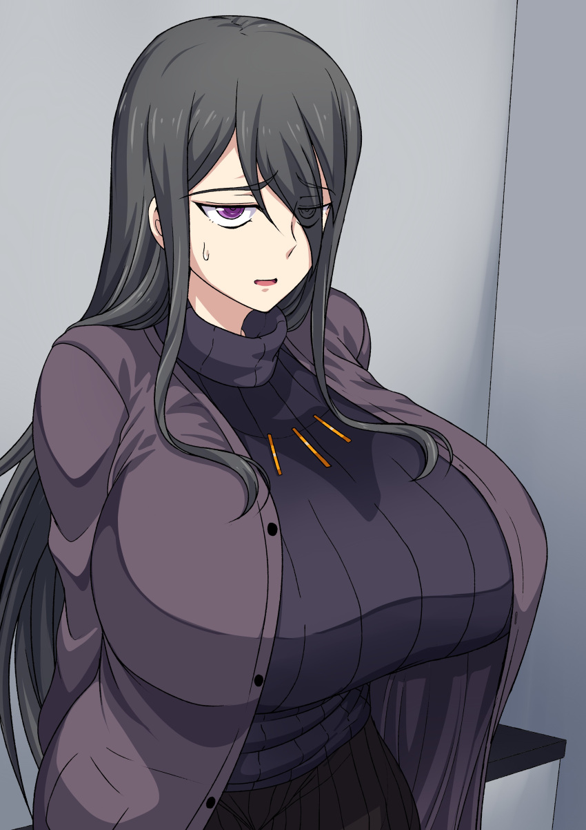1girl absurdres bangs black_hair breasts eyebrows_visible_through_hair eyes_visible_through_hair hair_over_breasts highres huge_breasts jacket long_hair open_clothes open_jacket open_mouth original solo standing sweatdrop sweater turtleneck turtleneck_sweater violet_eyes zasshu_nigou