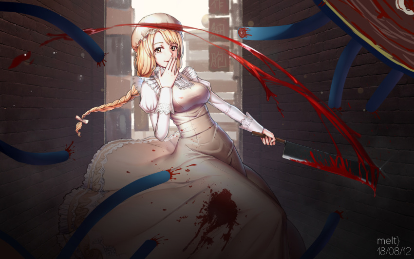 1girl blonde_hair blood bloody_clothes bloody_weapon brown_eyes covering_mouth dated day dress floating_hair hand_over_own_mouth hat hataraku_saibou highres long_dress long_hair long_sleeves looking_at_viewer macrophage_(hataraku_saibou) melt} outdoors smile solo standing weapon white_dress white_hat