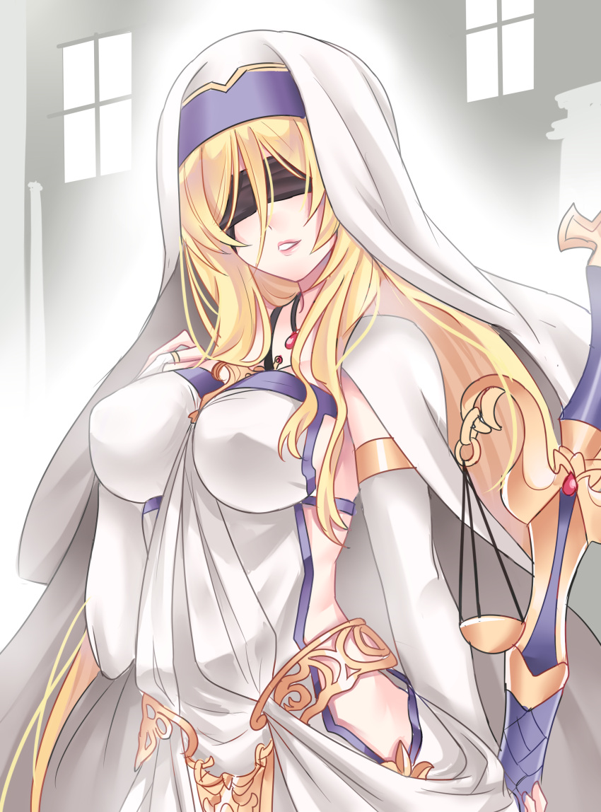 1girl absurdres armlet blindfold blonde_hair breasts bridal_gauntlets dress facing_viewer goblin_slayer! gold habit highres indoors jewelry large_breasts long_hair necklace parted_lips pink_lips scales solo sword sword_maiden very_long_hair weapon white_dress yaya_chan