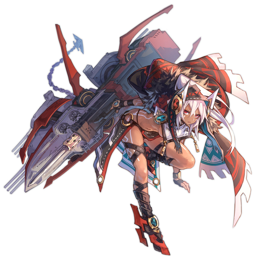 1girl azur_lane black_panties blush bodypaint breasts cape dark_skin facepaint fur_trim gloves headgear highres hood huge_weapon leg_strap looking_at_viewer medium_breasts mephist-pheles midriff minneapolis_(azur_lane) native_american navel official_art panties parted_lips red_cape red_eyes red_footwear revealing_clothes smile solo transparent_background under_boob underwear weapon white_hair