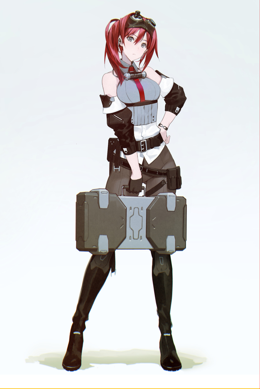 1girl belt boots case commentary contrapposto detached_sleeves earpiece frown gloves goggles goggles_on_head grey_eyes hand_on_hip head_tilt highres holding kawaguchi_(mojacome) long_hair looking_at_viewer mechanic necktie original pouch redhead shadow single_glove steampunk underbust