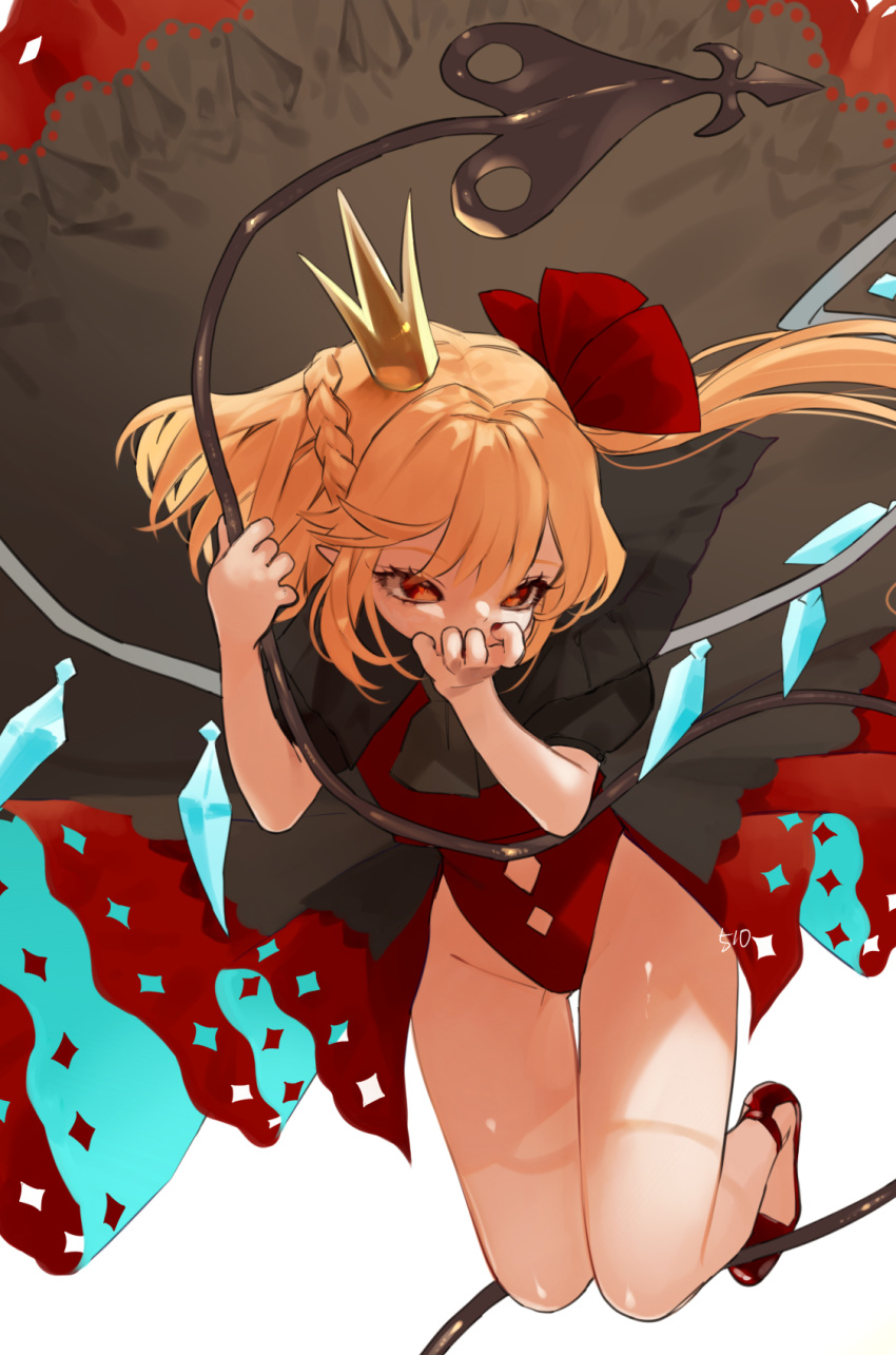1girl alternate_headwear ascot bangs bare_legs black_cape black_neckwear blonde_hair braid cape commentary_request crown crystal eyebrows_visible_through_hair flandre_scarlet flower french_braid full_body gotoh510 groin hair_ribbon hands_up highres holding jumping lace_trim laevatein leotard long_hair mini_crown nail_polish one_side_up pointy_ears puffy_short_sleeves puffy_sleeves red_eyes red_flower red_leotard red_nails red_ribbon ribbon short_sleeves simple_background solo thighs touhou white_background wings
