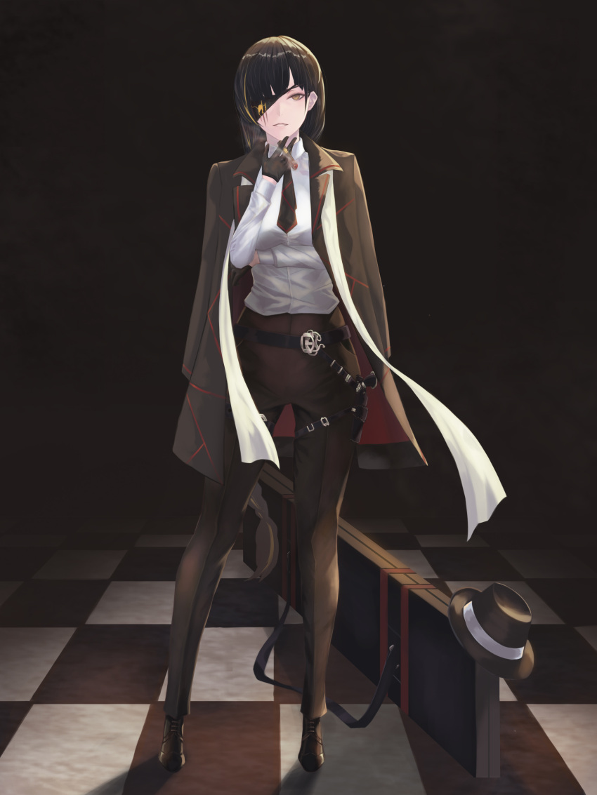 1girl absurdres arm_support belt black_belt black_eyepatch black_footwear black_gloves black_headwear black_jacket black_neckwear black_pants braid braided_ponytail breasts brown_eyes brown_hair checkered checkered_floor cigar floor formal girls_frontline gloves gun hat hat_removed headwear_removed highres holding holding_cigar holstered_weapon jacket jacket_on_shoulders long_hair looking_at_viewer m16a1_(girls_frontline) medium_breasts multicolored_hair necktie open_mouth pants scar scar_across_eye shirt simple_background smoking solo standing suit un_lim weapon weapon_case white_shirt