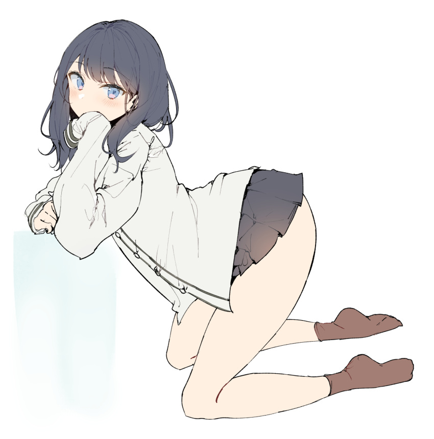1girl bangs black_hair black_skirt blue_eyes blush brown_legwear covering_mouth eyebrows_visible_through_hair from_side hand_up highres kneeling looking_at_viewer miniskirt pleated_skirt sabet_(young_ouo) simple_background skirt sleeves_past_wrists socks solo ssss.gridman takarada_rikka thighs tsurime white_background