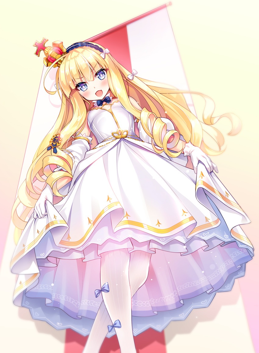 1girl azur_lane bangs bare_shoulders blonde_hair blue_eyes blue_neckwear blush bow bowtie breasts commentary_request crown dress eyebrows_visible_through_hair feet_out_of_frame from_below gloves hair_between_eyes hair_bow hairband highres lace-trimmed_hairband lace_trim leaning_to_the_side legs_crossed long_hair looking_at_viewer looking_down mini_crown pantyhose queen_elizabeth_(azur_lane) ribbed_legwear ringlets skirt_hold sleeveless sleeveless_dress small_breasts solo standing tilted_headwear very_long_hair white_bow white_dress white_gloves white_hairband white_legwear youta
