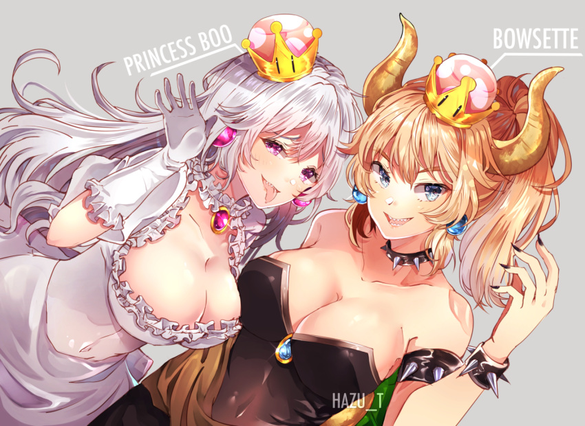 2girls armlet artist_name bare_shoulders black_dress black_nails blonde_hair blue_earrings blue_eyes bowsette bracelet breasts character_name choker cleavage collar collarbone covered_navel crown dress earrings frilled_choker frills gloves grey_background hazu_t horns jewelry large_breasts long_hair looking_at_viewer luigi's_mansion super_mario_bros. multiple_girls nail_polish new_super_mario_bros._u_deluxe nintendo open_mouth pink_earrings ponytail princess_king_boo salute sharp_teeth short_hair simple_background smile spiked_armlet spiked_bracelet spiked_collar spikes super_crown teeth tongue tongue_out violet_eyes white_choker white_dress white_gloves white_hair