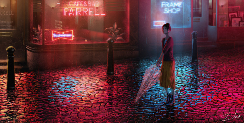 1girl black_eyes black_footwear black_hair blouse blurry bracelet candle closed_mouth dark depth_of_field door frame hair_bun holding holding_umbrella jewelry light long_skirt looking_at_viewer neon_lights night original outdoors painting_(object) pavement plant post rain reflective_floor road shirt shoes shop sign signature skirt solo standing street tamaki_(tamaki_illust) transparent transparent_umbrella umbrella white_legwear white_shirt window yellow_skirt