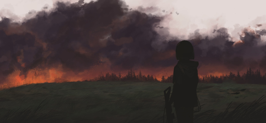 1girl assault_rifle black_hair bob_cut burning clouds cloudy_sky faiz_azhar fire forest from_behind grey_sky gun highres hill holding holding_gun holding_weapon hood hood_down hooded_jacket jacket nature original outdoors rifle short_hair sky solo standing weapon