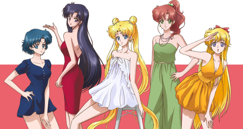 5girls aino_minako arm_up bishoujo_senshi_sailor_moon bishoujo_senshi_sailor_moon_crystal black_hair blonde_hair blue_dress blue_eyes blue_hair bow breasts brown_hair cleavage collarbone double_bun dress earrings eyebrows_visible_through_hair floating_hair green_eyes hair_bobbles hair_bow hair_ornament hair_over_shoulder hand_on_hip high_ponytail highres hino_rei jewelry kino_makoto long_hair looking_at_viewer medium_breasts mizuno_ami multiple_girls neck_ribbon necklace open_mouth red_bow red_dress ribbon shiny shiny_hair short_dress short_hair short_sleeves sleeveless sleeveless_dress small_breasts standing strapless strapless_dress tsukino_usagi twintails very_long_hair violet_eyes white_dress white_ribbon yellow_dress