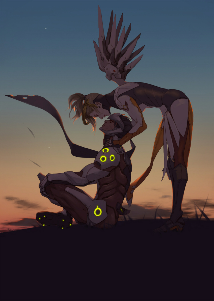 1boy 1girl bent_over blonde_hair closed_eyes couple cyborg from_side full_body genji_(overwatch) hetero highres hug hug_from_behind lotus_position mechanical_halo mechanical_wings mercy_(overwatch) neon_trim overwatch pelvic_curtain power_armor power_suit sae_(revirth) scarf short_ponytail sunset wings