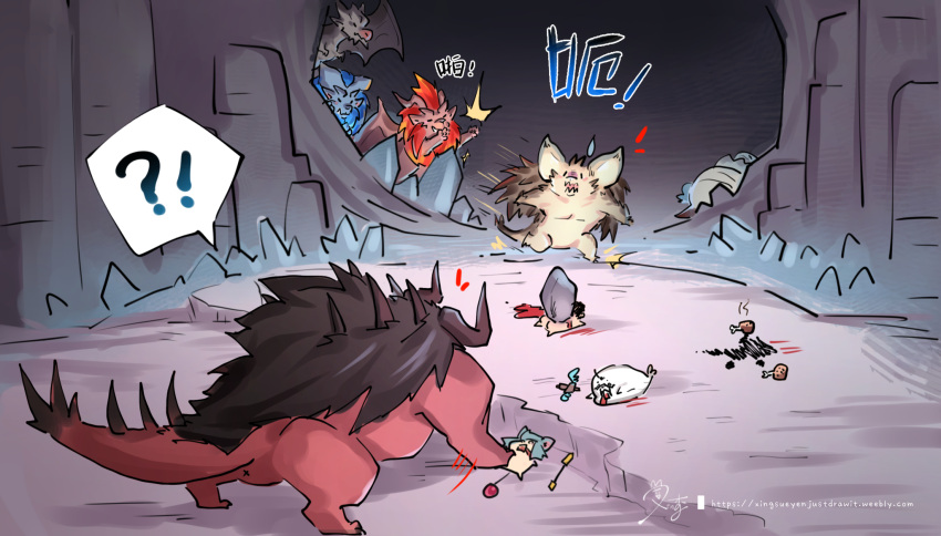 !? behemoth_(final_fantasy) blood blood_from_mouth bowgun cave comic commentary_request crystal dodogama dragon drumsticks highres horns kushala_daora lunastra lying monster monster_hunter monster_hunter:_world nergigante on_back pinned pushing rock sharp_teeth speech_bubble spiked_tail spikes sueyen sweatdrop teeth teostra translation_request walrus wings