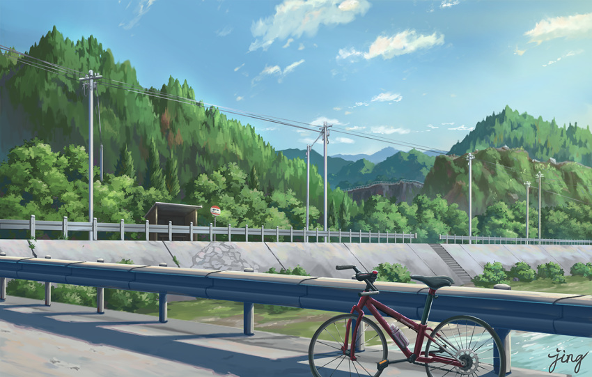 artist_name bicycle blue_sky bus_stop bush clouds commentary day forest ground_vehicle jing_(jiunn1985matw) mountain nature no_humans original outdoors power_lines railing river road road_sign scenery shadow sign signature sky stairs tree water