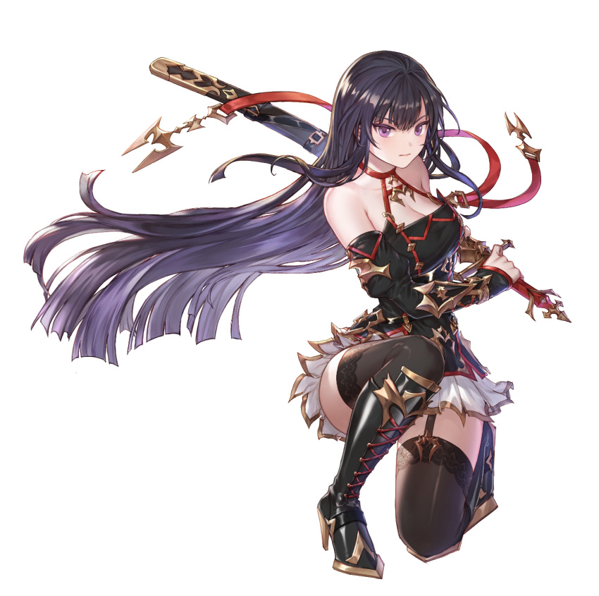 black_hair boots breasts cleavage detached_sleeves eyebrows_visible_through_hair garter_straps gradient_hair hair_between_eyes high_heels highres holding holding_sword holding_weapon katana king's_raid knee_boots kneeling long_hair looking_at_viewer medium_breasts miniskirt multicolored_hair official_art seria_(king's_raid) serious sheath sheathed skirt sword thigh-highs transparent_background violet_eyes weapon