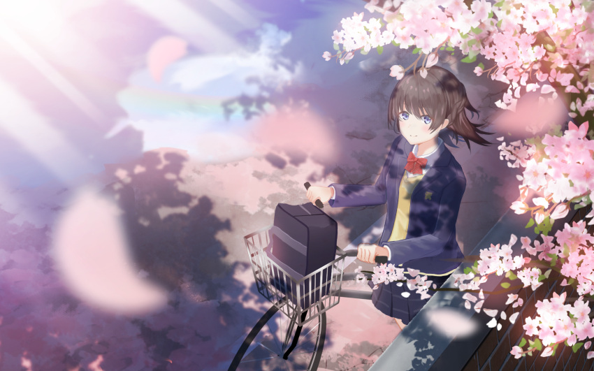 1girl bag bangs bicycle bicycle_basket blazer blue_eyes blue_jacket blue_skirt blurry blush bow bowtie brick_wall brown_hair cardigan cherry_blossoms closed_mouth collared_shirt commentary_request dappled_sunlight day depth_of_field falling_leaves flower from_above ground_vehicle highres holding jacket leaf long_hair long_sleeves looking_at_viewer miniskirt original outdoors pleated_skirt rainbow red_neckwear school_bag school_uniform shirt sidelocks skirt smile solo sunlight tiya tree tree_shade white_shirt wing_collar